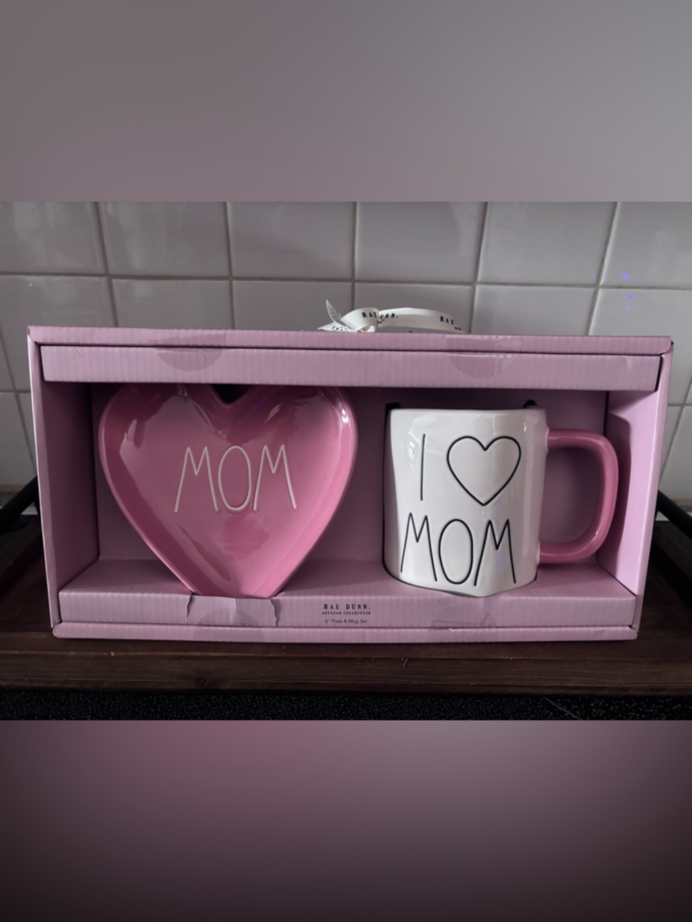 Rae Dunn Pink Heart Dish and Coordinating MOM Mug Set